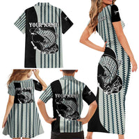 Striped Bass Jumping Graphic Family Matching Short Sleeve Bodycon Dress and Hawaiian Shirt Rod Reel and Airplane on Fish Scale Pattern - Wonder Print Shop