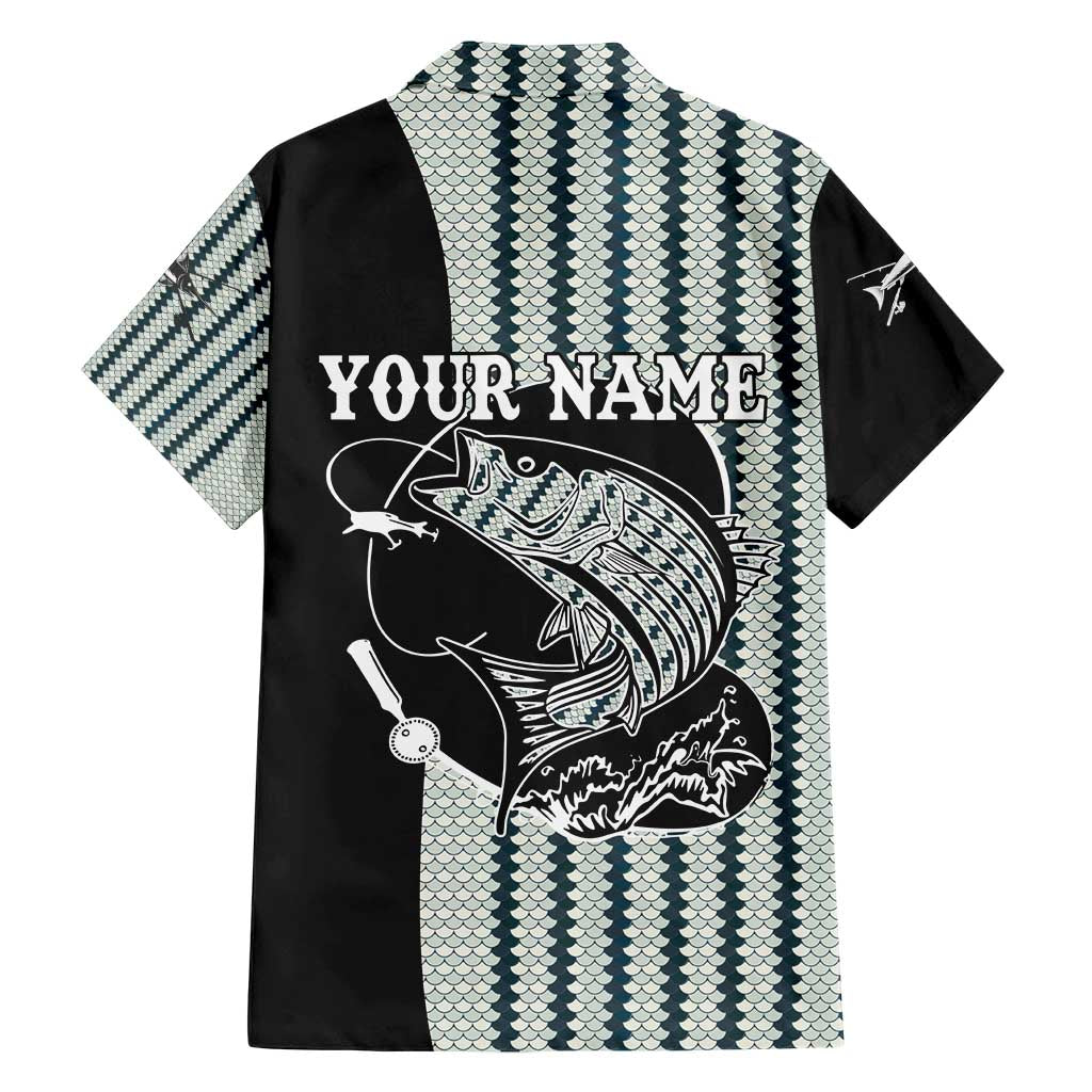 Striped Bass Jumping Graphic Family Matching Short Sleeve Bodycon Dress and Hawaiian Shirt Rod Reel and Airplane on Fish Scale Pattern - Wonder Print Shop