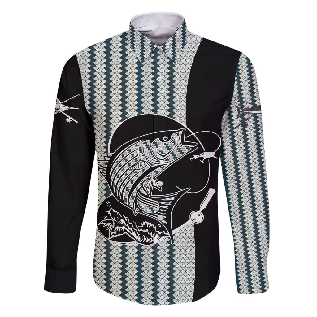 Striped Bass Jumping Graphic Family Matching Short Sleeve Bodycon Dress and Hawaiian Shirt Rod Reel and Airplane on Fish Scale Pattern - Wonder Print Shop