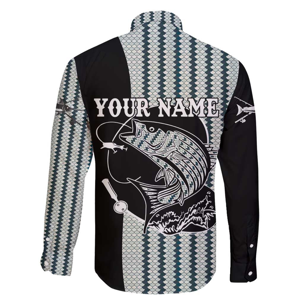 Striped Bass Jumping Graphic Family Matching Short Sleeve Bodycon Dress and Hawaiian Shirt Rod Reel and Airplane on Fish Scale Pattern - Wonder Print Shop