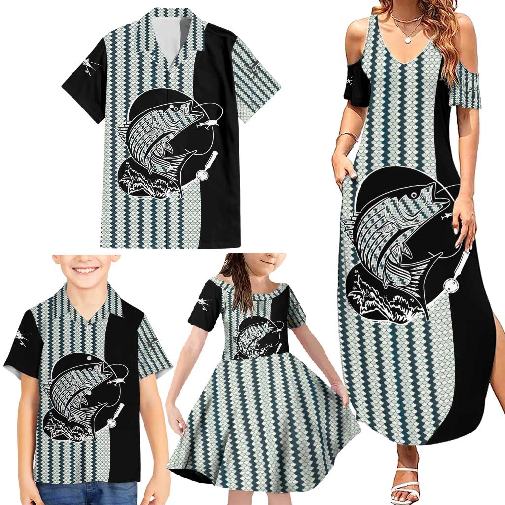 Striped Bass Jumping Graphic Family Matching Summer Maxi Dress and Hawaiian Shirt Rod Reel and Airplane on Fish Scale Pattern - Wonder Print Shop