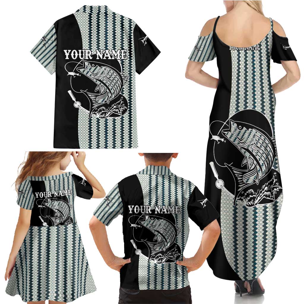 Striped Bass Jumping Graphic Family Matching Summer Maxi Dress and Hawaiian Shirt Rod Reel and Airplane on Fish Scale Pattern - Wonder Print Shop