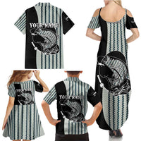 Striped Bass Jumping Graphic Family Matching Summer Maxi Dress and Hawaiian Shirt Rod Reel and Airplane on Fish Scale Pattern - Wonder Print Shop
