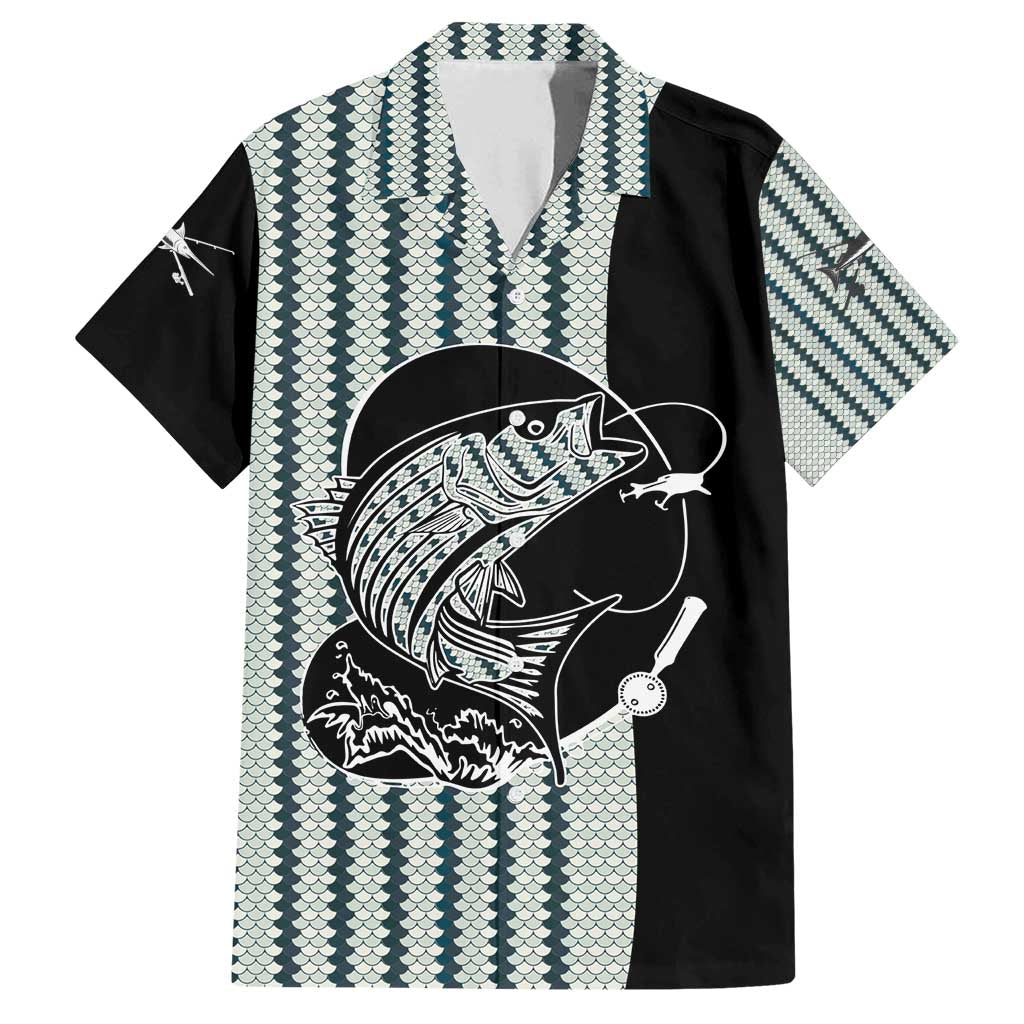 Striped Bass Jumping Graphic Family Matching Summer Maxi Dress and Hawaiian Shirt Rod Reel and Airplane on Fish Scale Pattern - Wonder Print Shop