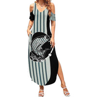 Striped Bass Jumping Graphic Family Matching Summer Maxi Dress and Hawaiian Shirt Rod Reel and Airplane on Fish Scale Pattern - Wonder Print Shop