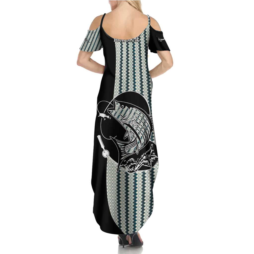 Striped Bass Jumping Graphic Family Matching Summer Maxi Dress and Hawaiian Shirt Rod Reel and Airplane on Fish Scale Pattern - Wonder Print Shop