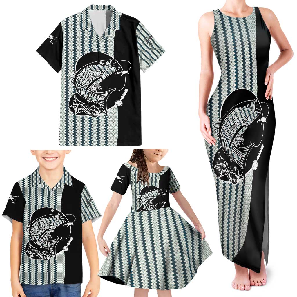 Striped Bass Jumping Graphic Family Matching Tank Maxi Dress and Hawaiian Shirt Rod Reel and Airplane on Fish Scale Pattern - Wonder Print Shop