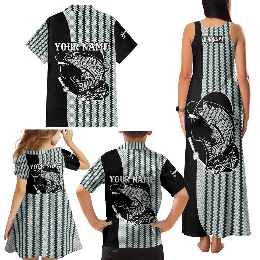 Striped Bass Jumping Graphic Family Matching Tank Maxi Dress and Hawaiian Shirt Rod Reel and Airplane on Fish Scale Pattern - Wonder Print Shop