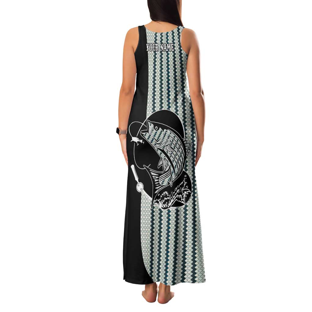 Striped Bass Jumping Graphic Family Matching Tank Maxi Dress and Hawaiian Shirt Rod Reel and Airplane on Fish Scale Pattern - Wonder Print Shop