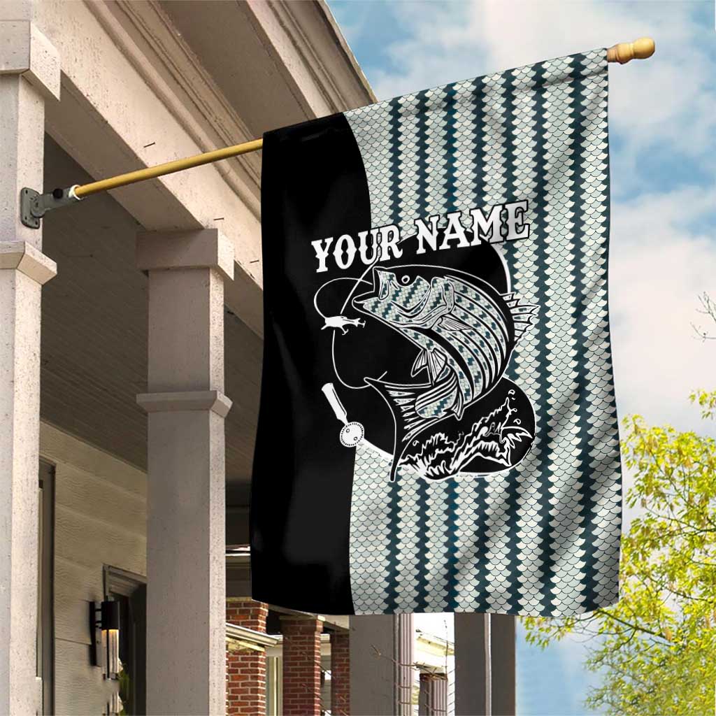 Striped Bass Jumping Graphic Garden Flag Rod Reel and Airplane on Fish Scale Pattern - Wonder Print Shop