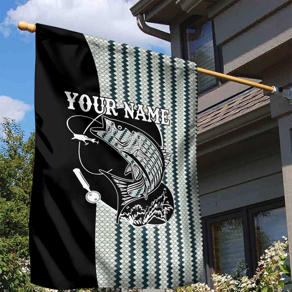 Striped Bass Jumping Graphic Garden Flag Rod Reel and Airplane on Fish Scale Pattern - Wonder Print Shop