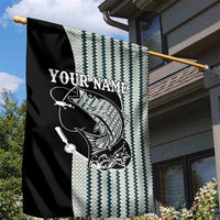 Striped Bass Jumping Graphic Garden Flag Rod Reel and Airplane on Fish Scale Pattern - Wonder Print Shop