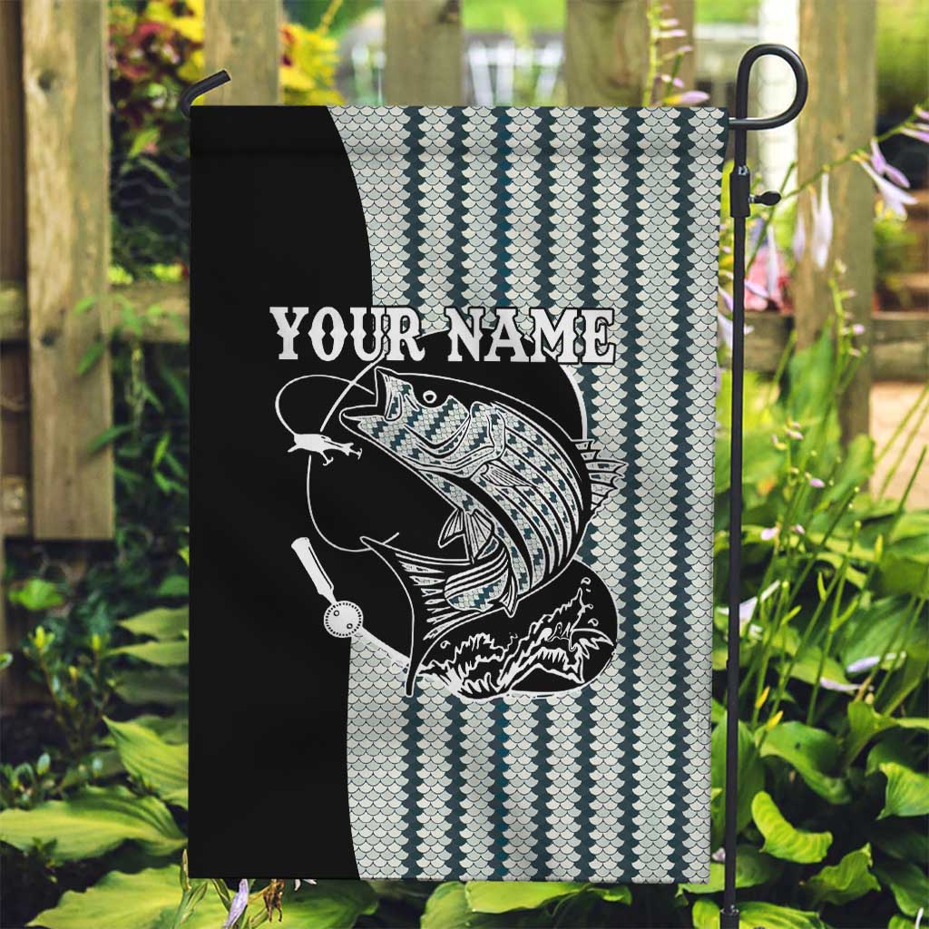 Striped Bass Jumping Graphic Garden Flag Rod Reel and Airplane on Fish Scale Pattern - Wonder Print Shop