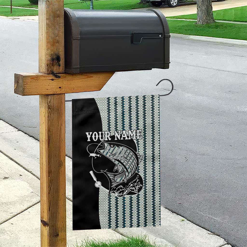 Striped Bass Jumping Graphic Garden Flag Rod Reel and Airplane on Fish Scale Pattern - Wonder Print Shop