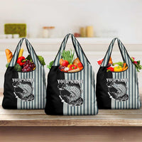 Striped Bass Jumping Graphic Grocery Bag Rod Reel and Airplane on Fish Scale Pattern - Wonder Print Shop