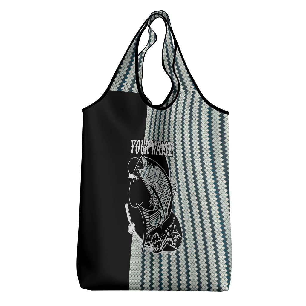Striped Bass Jumping Graphic Grocery Bag Rod Reel and Airplane on Fish Scale Pattern - Wonder Print Shop