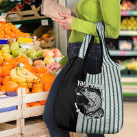 Striped Bass Jumping Graphic Grocery Bag Rod Reel and Airplane on Fish Scale Pattern - Wonder Print Shop