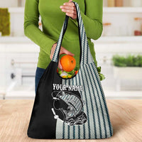 Striped Bass Jumping Graphic Grocery Bag Rod Reel and Airplane on Fish Scale Pattern - Wonder Print Shop