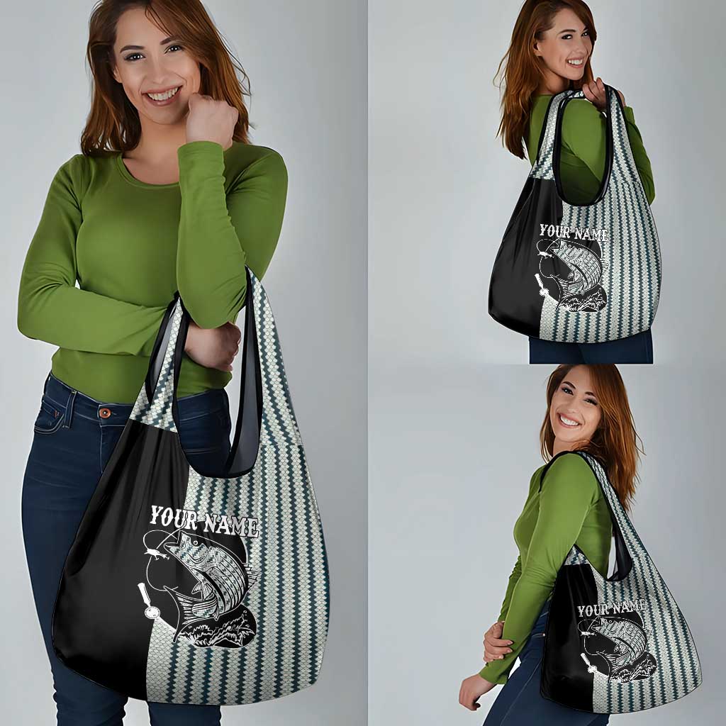 Striped Bass Jumping Graphic Grocery Bag Rod Reel and Airplane on Fish Scale Pattern - Wonder Print Shop