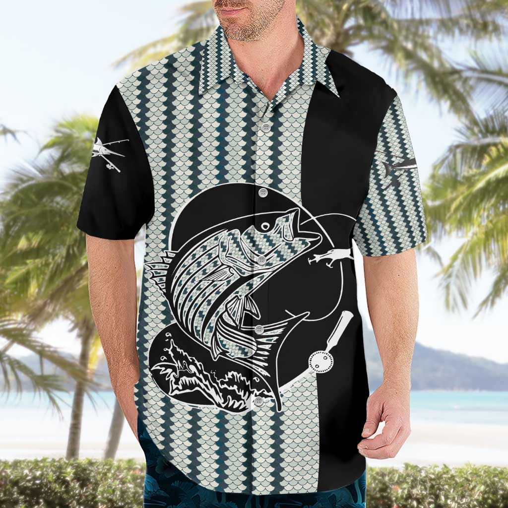 Striped Bass Jumping Graphic Hawaiian Shirt Rod Reel and Airplane on Fish Scale Pattern - Wonder Print Shop