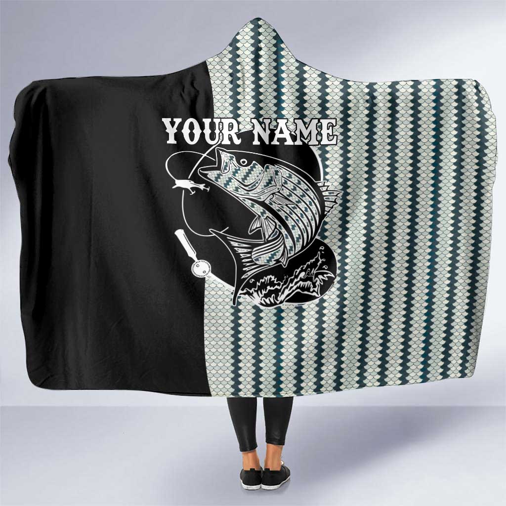 Striped Bass Jumping Graphic Hooded Blanket Rod Reel and Airplane on Fish Scale Pattern - Wonder Print Shop