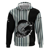 Striped Bass Jumping Graphic Hoodie Rod Reel and Airplane on Fish Scale Pattern - Wonder Print Shop