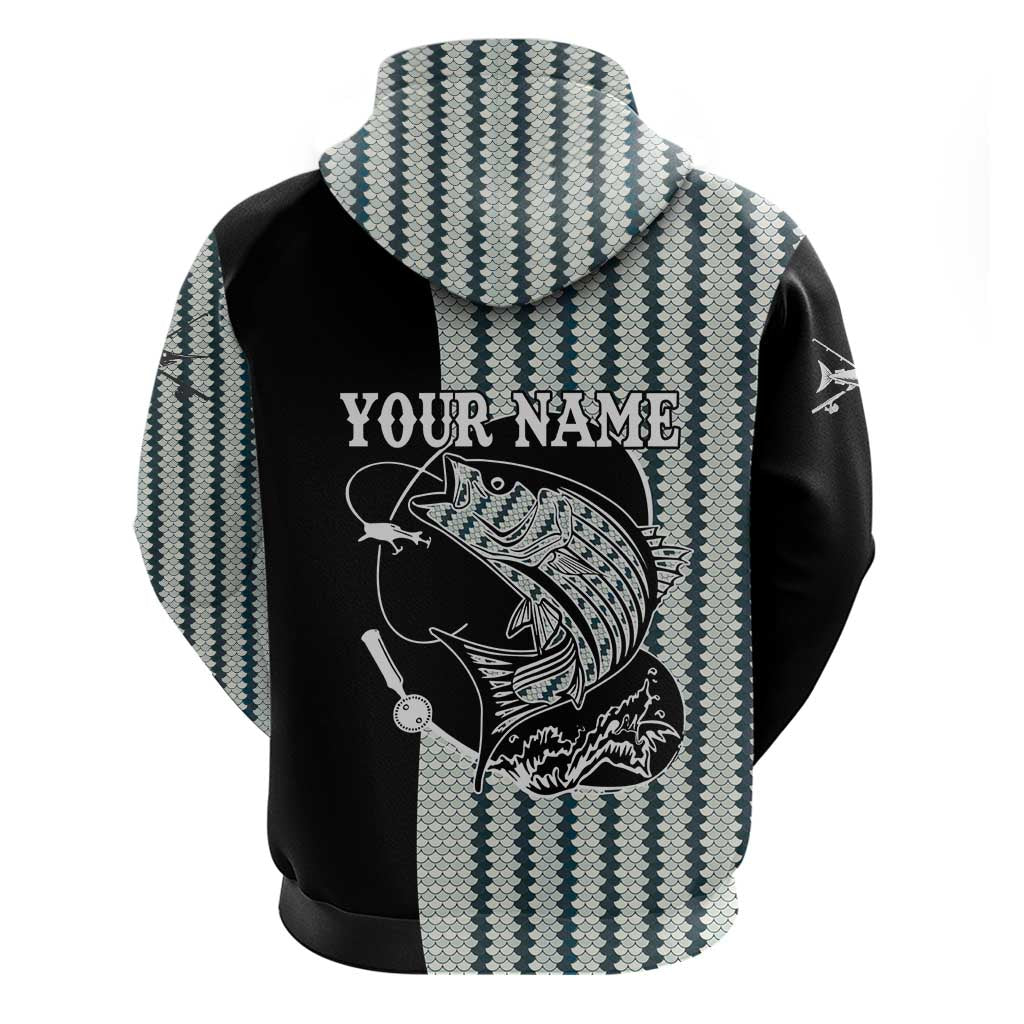 Striped Bass Jumping Graphic Hoodie Rod Reel and Airplane on Fish Scale Pattern - Wonder Print Shop