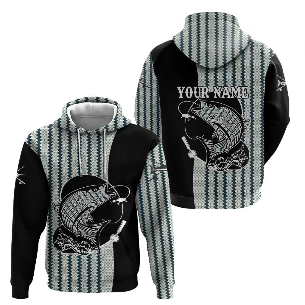 Striped Bass Jumping Graphic Hoodie Rod Reel and Airplane on Fish Scale Pattern - Wonder Print Shop
