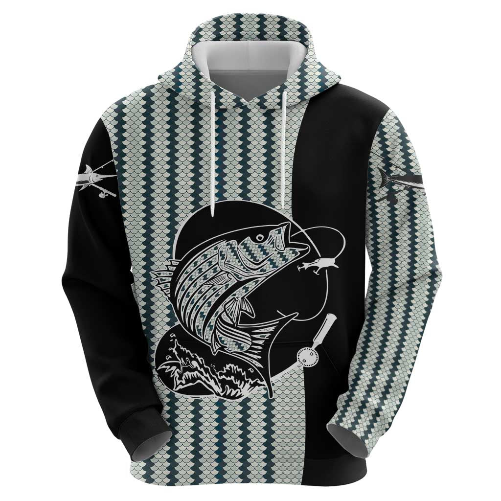 Striped Bass Jumping Graphic Hoodie Rod Reel and Airplane on Fish Scale Pattern - Wonder Print Shop