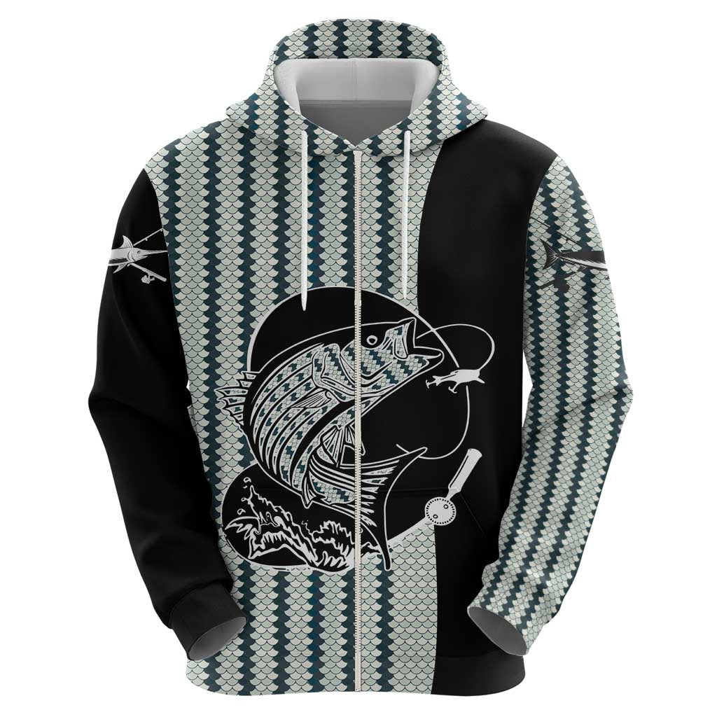 Striped Bass Jumping Graphic Hoodie Rod Reel and Airplane on Fish Scale Pattern - Wonder Print Shop