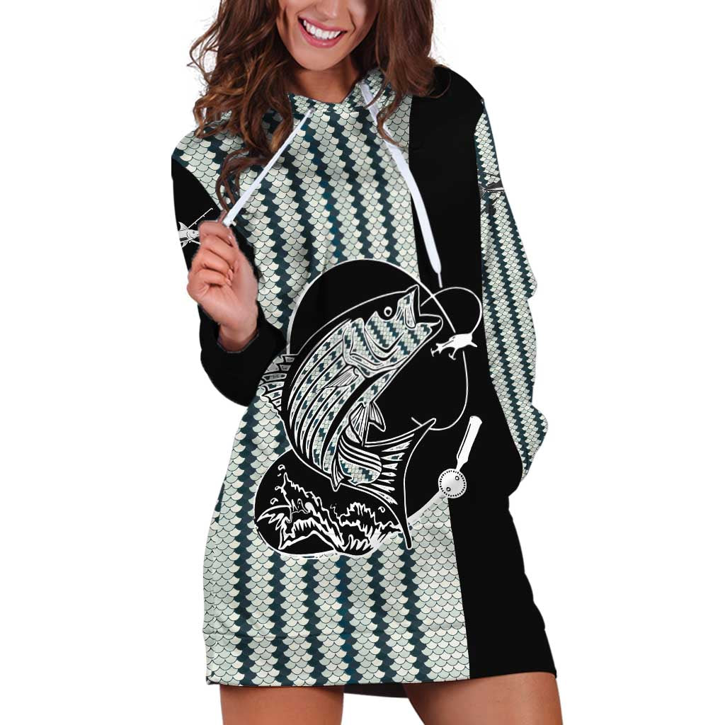 Striped Bass Jumping Graphic Hoodie Dress Rod Reel and Airplane on Fish Scale Pattern - Wonder Print Shop