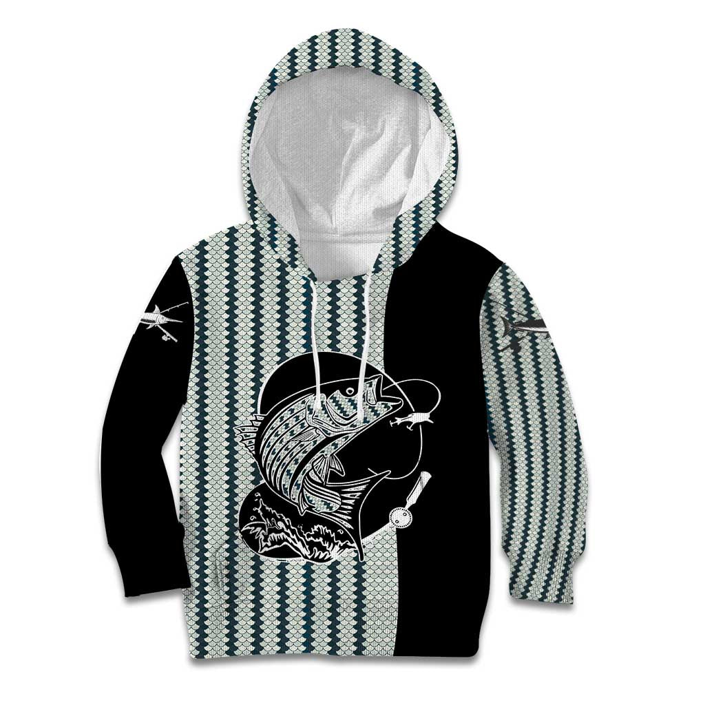 Striped Bass Jumping Graphic Kid Hoodie Rod Reel and Airplane on Fish Scale Pattern - Wonder Print Shop
