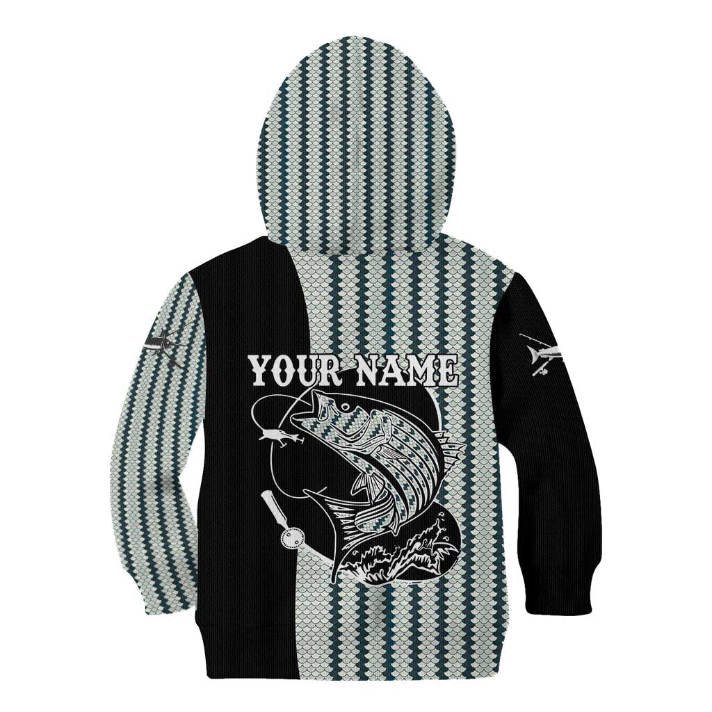 Striped Bass Jumping Graphic Kid Hoodie Rod Reel and Airplane on Fish Scale Pattern - Wonder Print Shop