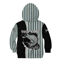 Striped Bass Jumping Graphic Kid Hoodie Rod Reel and Airplane on Fish Scale Pattern - Wonder Print Shop