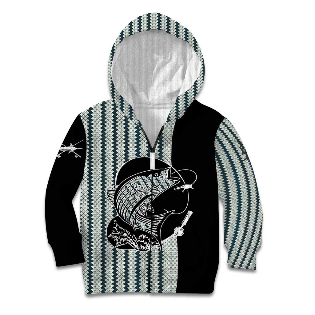 Striped Bass Jumping Graphic Kid Hoodie Rod Reel and Airplane on Fish Scale Pattern - Wonder Print Shop