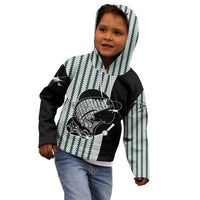 Striped Bass Jumping Graphic Kid Hoodie Rod Reel and Airplane on Fish Scale Pattern - Wonder Print Shop