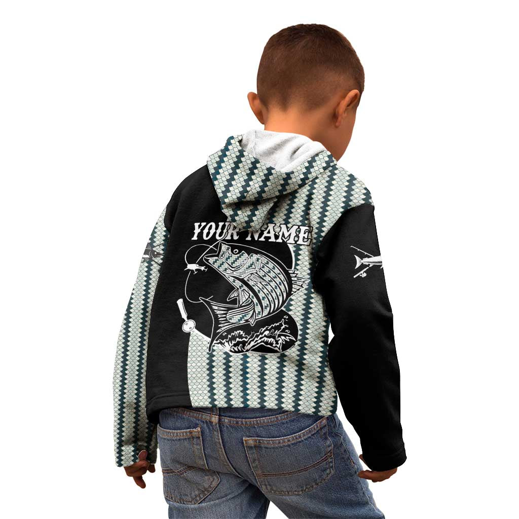 Striped Bass Jumping Graphic Kid Hoodie Rod Reel and Airplane on Fish Scale Pattern - Wonder Print Shop