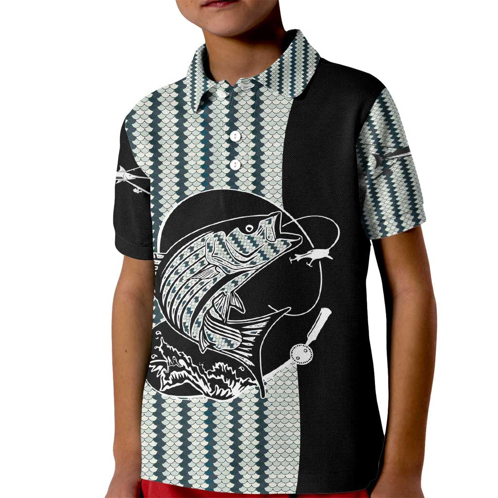Striped Bass Jumping Graphic Kid Polo Shirt Rod Reel and Airplane on Fish Scale Pattern - Wonder Print Shop