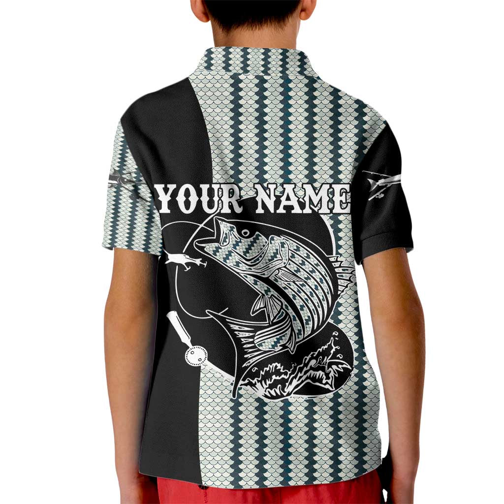 Striped Bass Jumping Graphic Kid Polo Shirt Rod Reel and Airplane on Fish Scale Pattern - Wonder Print Shop