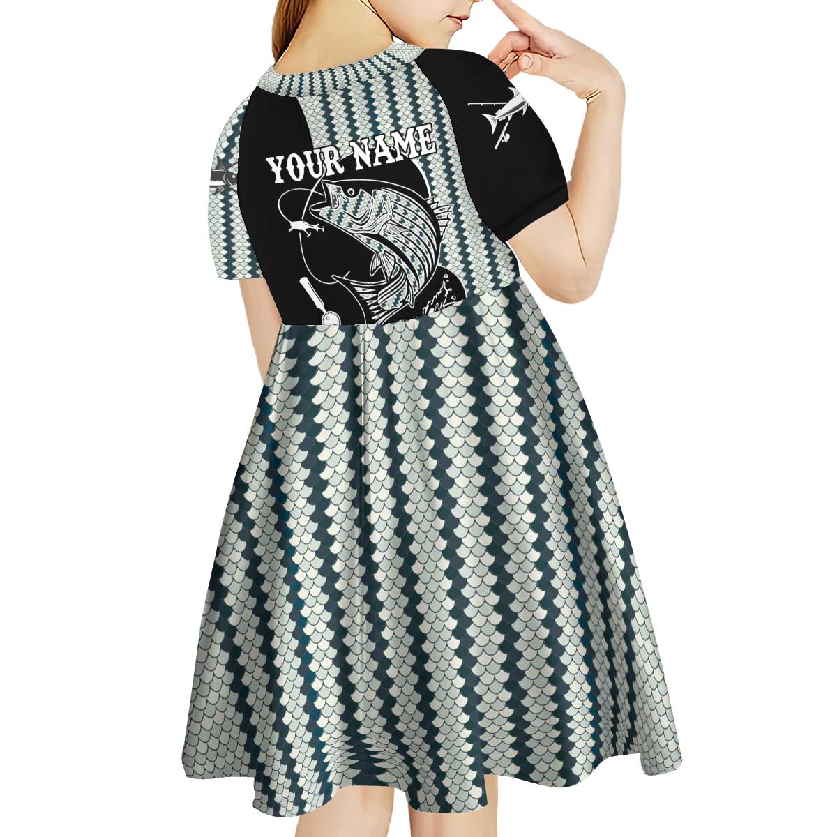 Striped Bass Jumping Graphic Kid Short Sleeve Dress Rod Reel and Airplane on Fish Scale Pattern - Wonder Print Shop