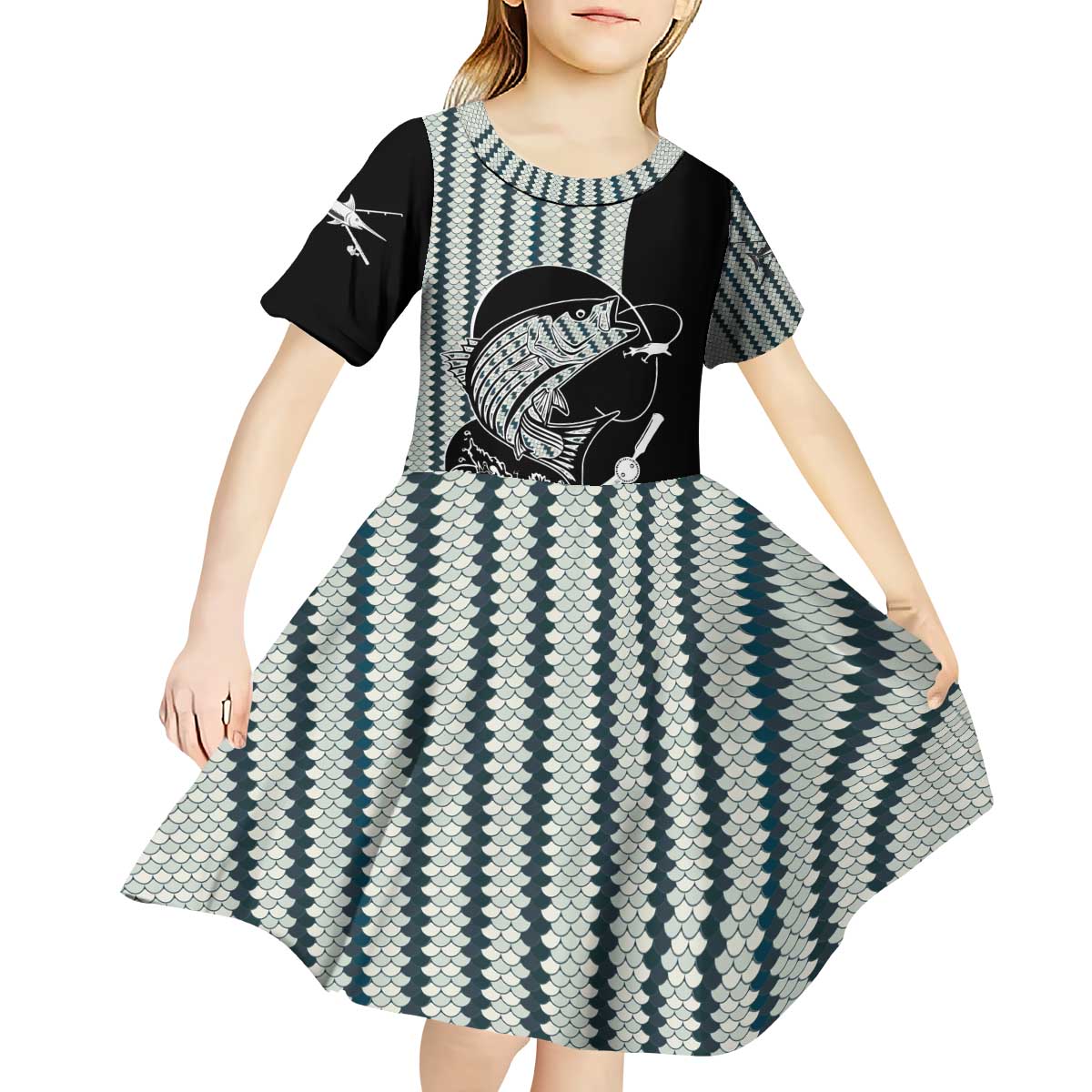 Striped Bass Jumping Graphic Kid Short Sleeve Dress Rod Reel and Airplane on Fish Scale Pattern - Wonder Print Shop