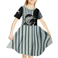 Striped Bass Jumping Graphic Kid Short Sleeve Dress Rod Reel and Airplane on Fish Scale Pattern - Wonder Print Shop
