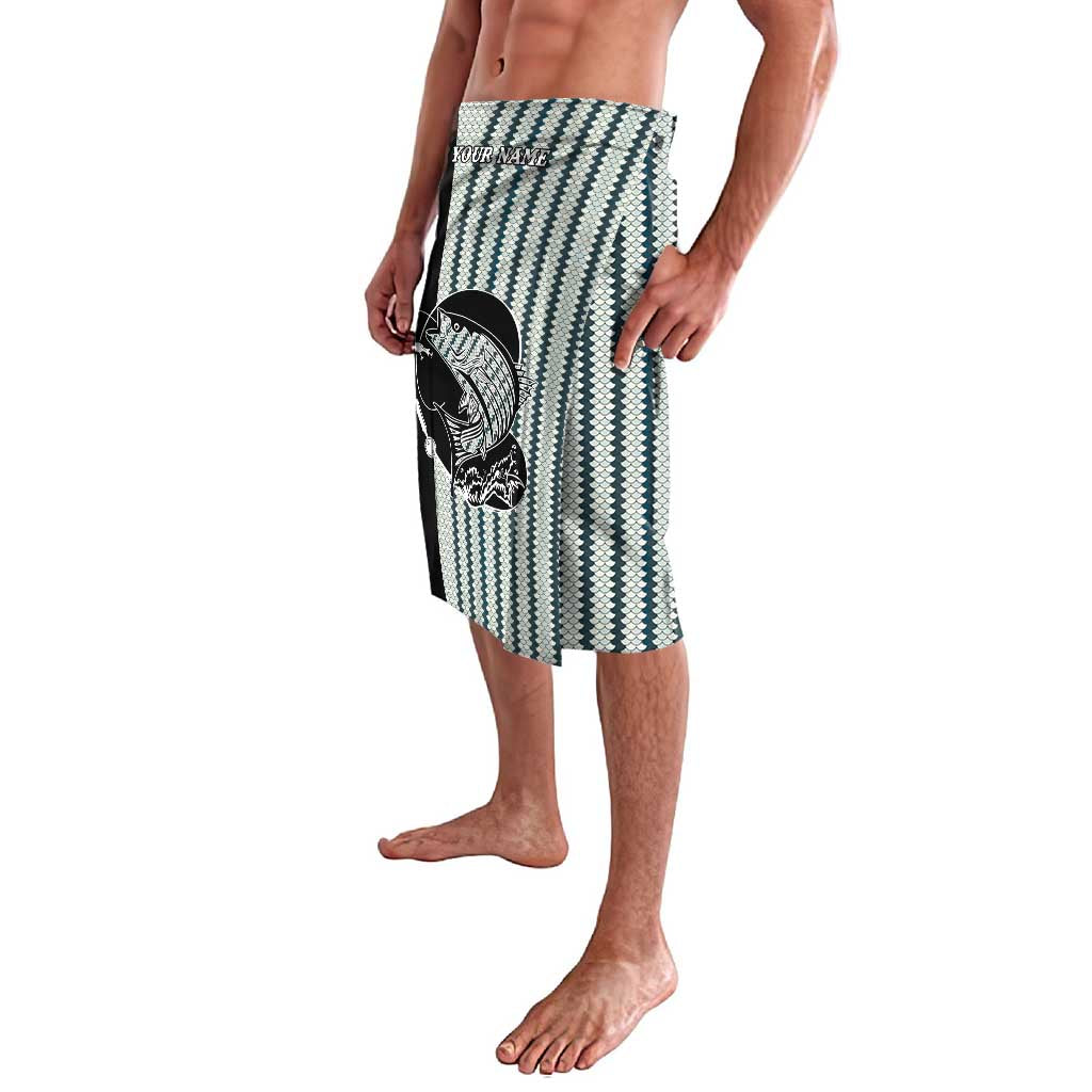 Striped Bass Jumping Graphic Lavalava Rod Reel and Airplane on Fish Scale Pattern - Wonder Print Shop