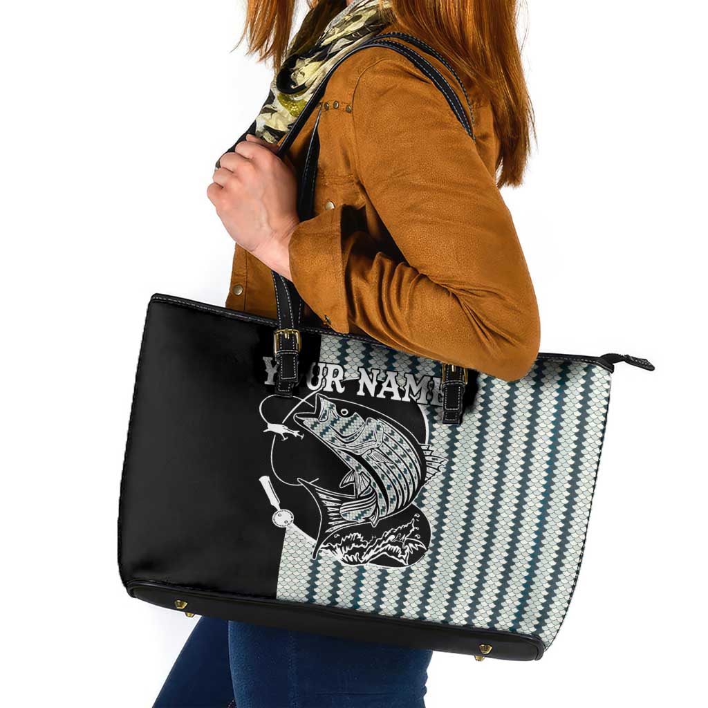 Striped Bass Jumping Graphic Leather Tote Bag Rod Reel and Airplane on Fish Scale Pattern - Wonder Print Shop