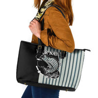 Striped Bass Jumping Graphic Leather Tote Bag Rod Reel and Airplane on Fish Scale Pattern - Wonder Print Shop
