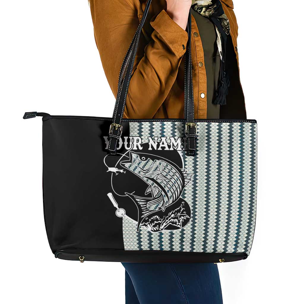 Striped Bass Jumping Graphic Leather Tote Bag Rod Reel and Airplane on Fish Scale Pattern - Wonder Print Shop