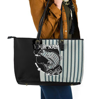 Striped Bass Jumping Graphic Leather Tote Bag Rod Reel and Airplane on Fish Scale Pattern - Wonder Print Shop