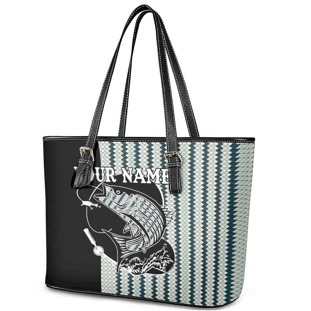 Striped Bass Jumping Graphic Leather Tote Bag Rod Reel and Airplane on Fish Scale Pattern - Wonder Print Shop