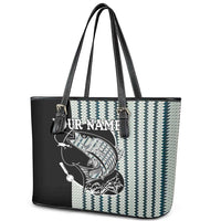 Striped Bass Jumping Graphic Leather Tote Bag Rod Reel and Airplane on Fish Scale Pattern - Wonder Print Shop
