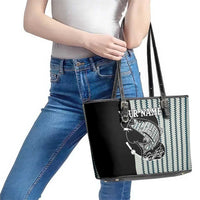 Striped Bass Jumping Graphic Leather Tote Bag Rod Reel and Airplane on Fish Scale Pattern - Wonder Print Shop